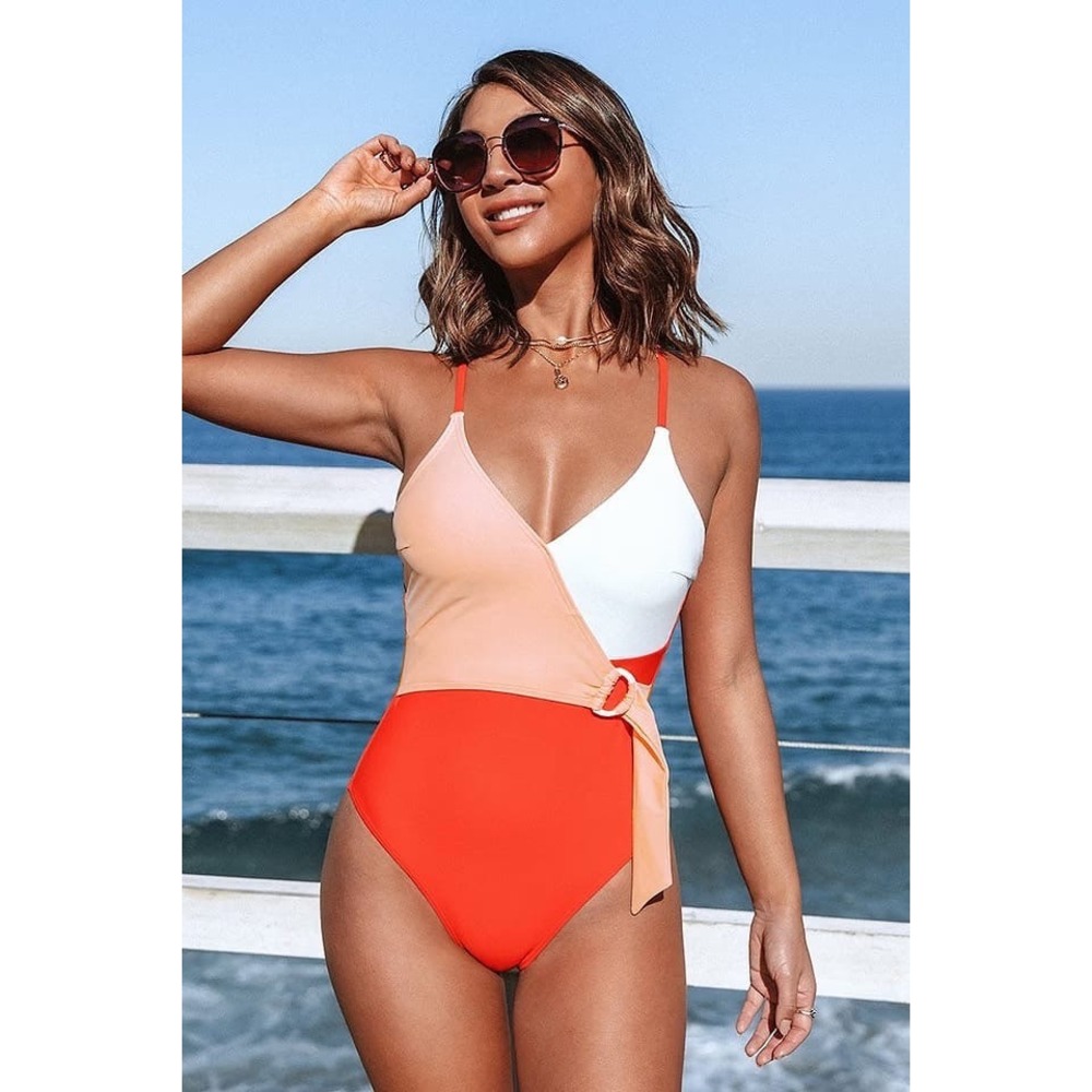 Cupshe Women Colorblock Wrap One Piece Swimsuit Coral Peach White Side Tie‎ M